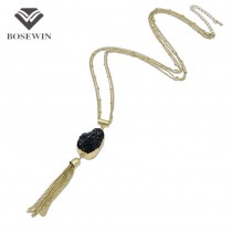 Fashion Tassel Stone Pendant Necklace For Women 2016 Geometric Stone Resin Long Matt gold Copper Chain Simple Necklaces CE3886