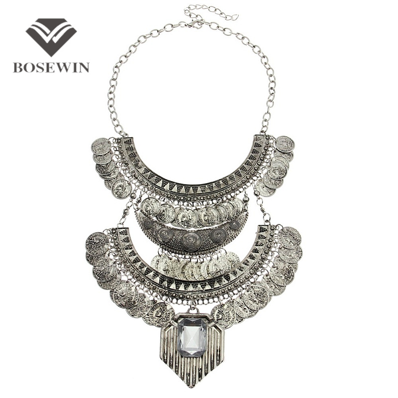 Vintage Jewelry Women Bohemia Gypsy Design Coins Tassel Choker Beach journey / Party Wear Big Statement Necklaces For Women 2015