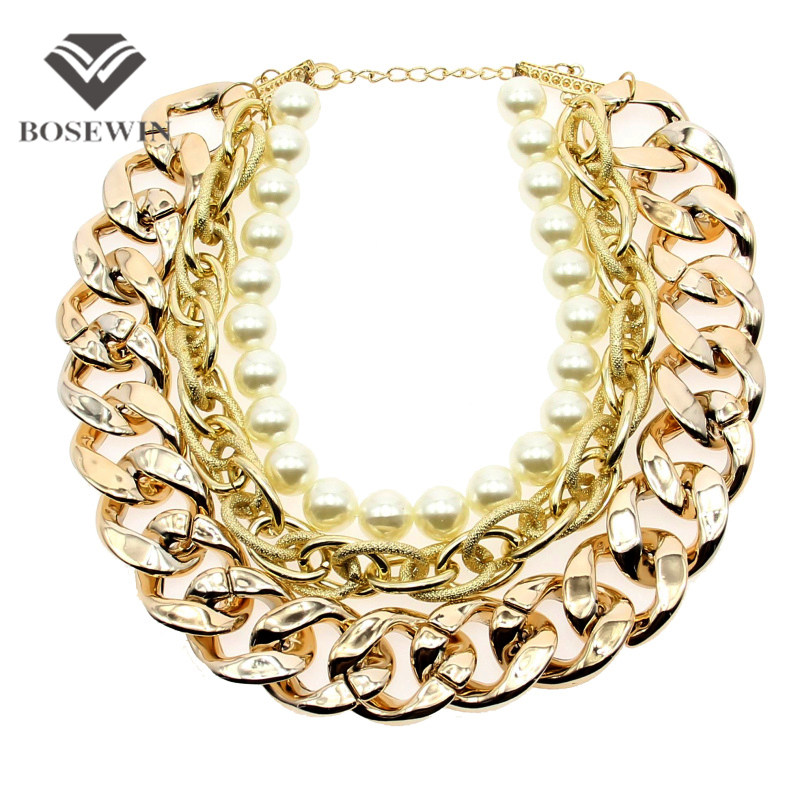 Fashion Imitation Pearls Maxi Necklaces For Women Beads Chunky Gold Chains Bib Collar Chokers Statement Necklaces CE776