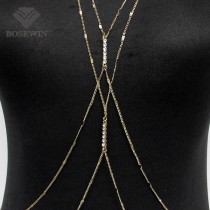 Fashion PC Gold Chain Body Jewelry Women Simple Necklace Double Rhinestones Inlay Body Chains Necklaces Sexy Accessories CE3948