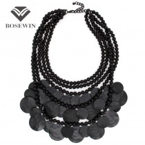 Women Multilayers Statement Necklace Fashion Black Bead Chain Metal Piece Chokers Bib Collares Maxi Necklaces & Pendants Collier