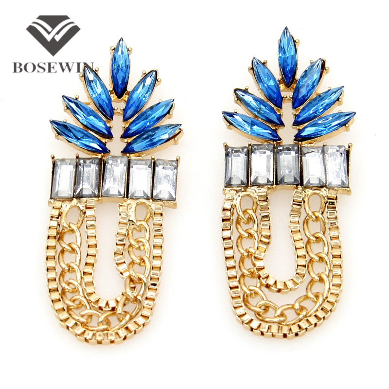 Fashion Jewelry For Women 2015 Charm Accessories Pendant Earring Blue Acrylic Gems Leaf Gold Chain Statement Drop Earrings FE124