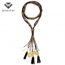 2016 Bohemia Casual Long Necklaces MultiLayers Bead Leather Tassels Statement Necklaces & Pendants Fashion Accessories 3 Colors