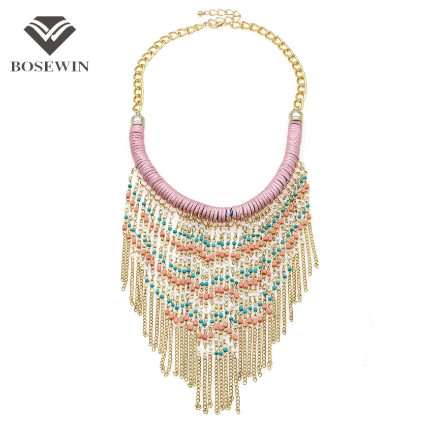 2016 New Bohemia Handmade Gold Chain Beaded Tassel Necklace Women Accessories Collar Big Necklaces & Pendants Statement Jewelry