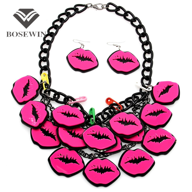 2015 USA Big Fashion Acrylic Panel Rose Pink Lips Pendant Necklaces Matching Earrigs Charm Jewelry Set Women Accessories CE2487