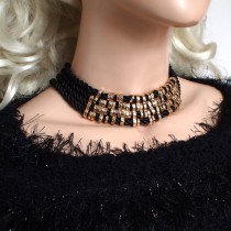 Fashion Neck Bib Collar Women Accessories 4 Layered Black Rope Chain Adjustable Golden Metal Chunky Chokers Statement Necklaces