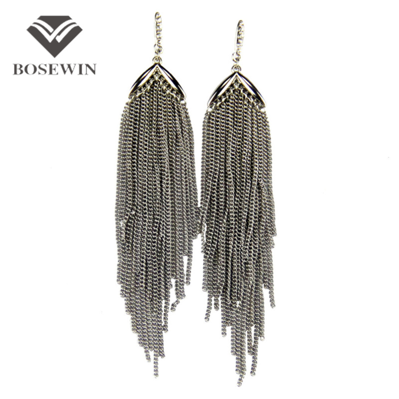 Silver Plated Long Chain Tassels Earring Boho Style Fashion Rhinestones Dangle Drop Earrings Vintage Statement Jewelry