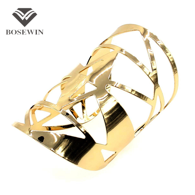 Fashion Geometric Hollow Statement Jewelry Shiny Faceted Alloy Large Opened Cuff Bangles & Bracelets For Women Manchette BL149