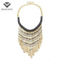 2016 New Bohemia Handmade Gold Chain Beaded Tassel Necklace Women Accessories Collar Big Necklaces & Pendants Statement Jewelry