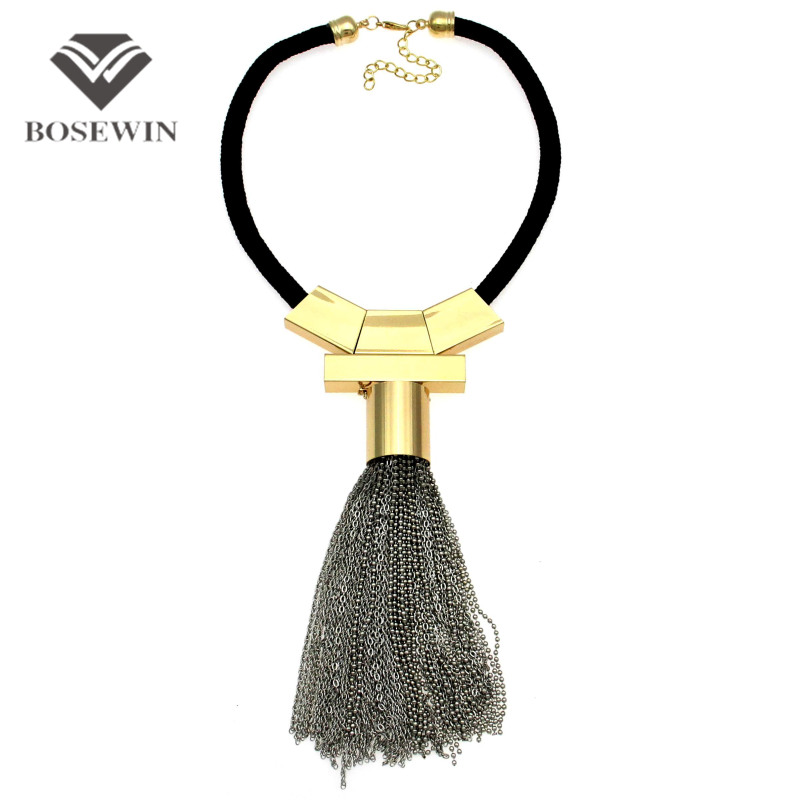 2016 New Women Bohemia Gold Metals Cotton Rope Statement Necklaces Long Chain Tassels Necklaces & Pendants Big Vintage Jewelry