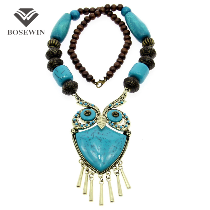 Fashion Tibetan Style Women Statement Necklaces Wood Chain Turquoise Big Owl Necklaces & Pendants Boho Jewelry Maxi Dress CE1272