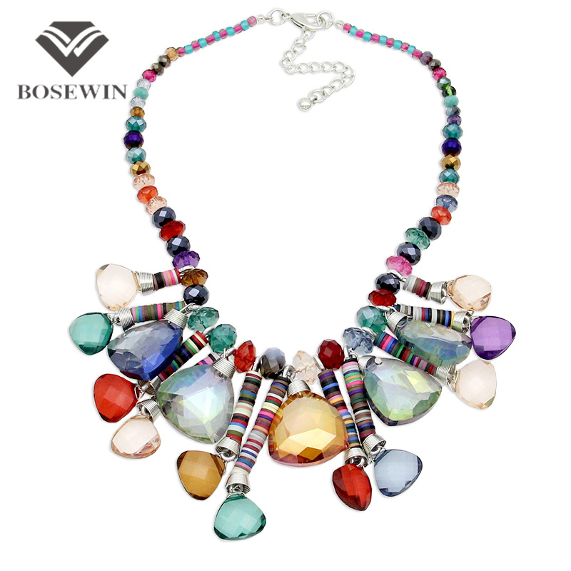 Women 's Bohemia New Chic Pendants Necklaces 2016 Beaded Chain Geometric Crystal Gems Choker Handmade Statement Necklaces CE3877
