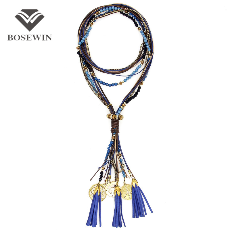 2016 Bohemia Casual Long Necklaces MultiLayers Bead Leather Tassels Statement Necklaces & Pendants Fashion Accessories 3 Colors