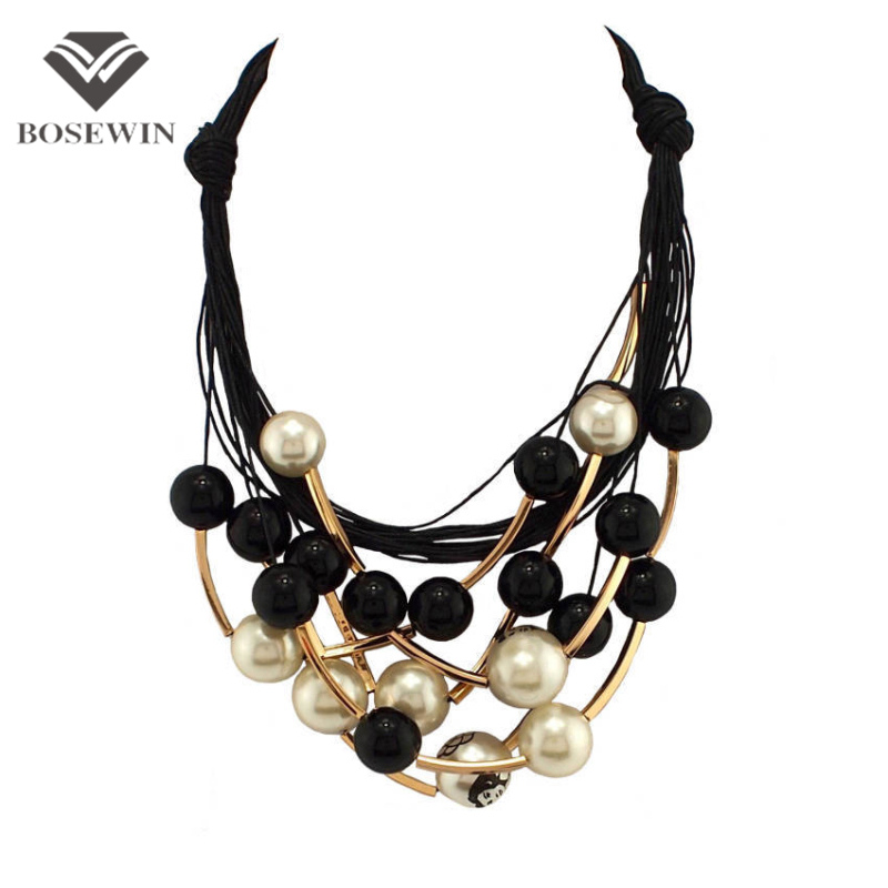 Maxi Jewelry imitation Pearl Necklace Black Rope Chain Bead Golden Tube Statement Collar Choker Necklace For Women Dress Collier