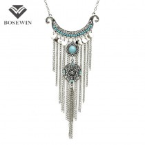 Bohemia Chic Vintage Necklace For Women Statement Silver Chain Tassel Necklaces & Pendants Accessories 2016 Coin Jewelry CE3493