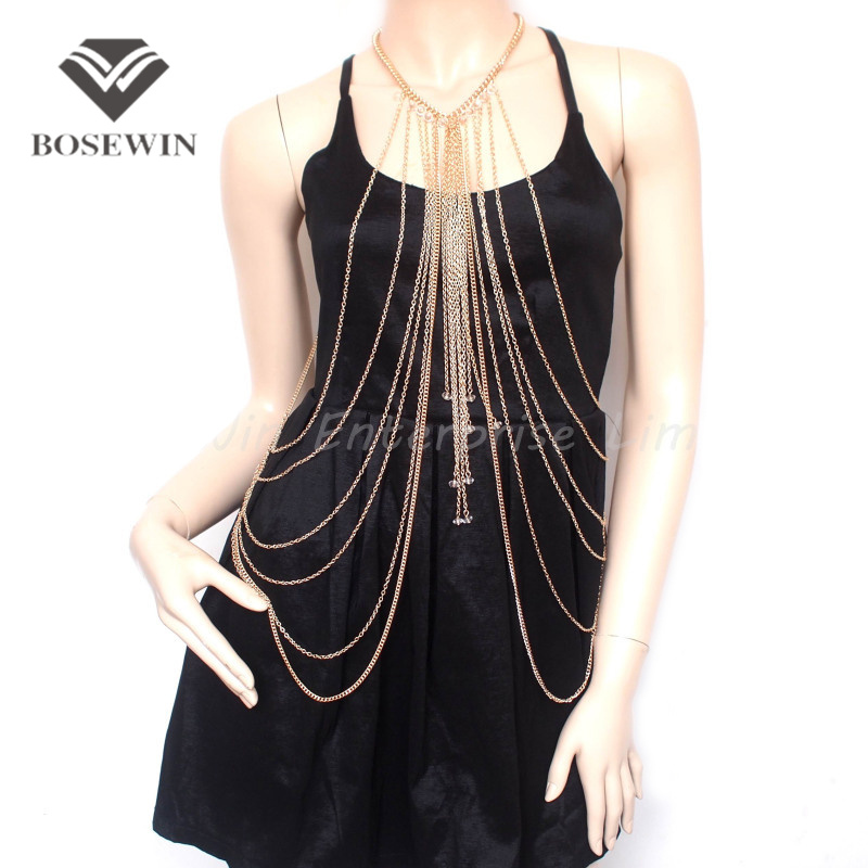 Gold Body Chain Necklace Crystal Women Necklaces & Pendants Sexy Long Necklace Collares 2015 Statement Jewelry Accessories