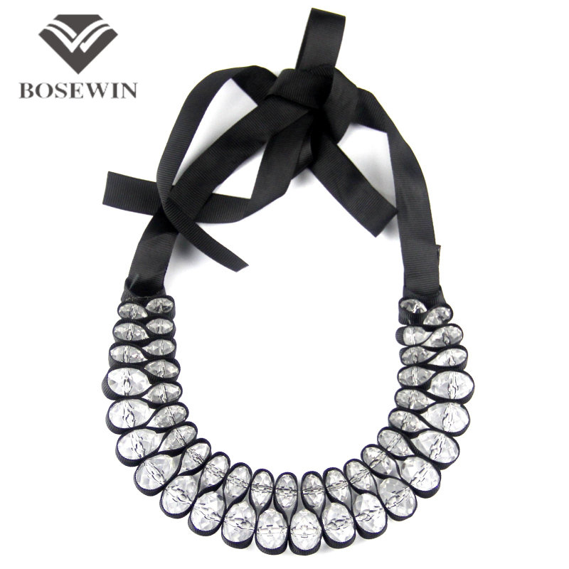 Hot Sell Fashion Black Ribbon Cross Acrylics Crystal Statement Collar Choker Necklace For Women C68001
