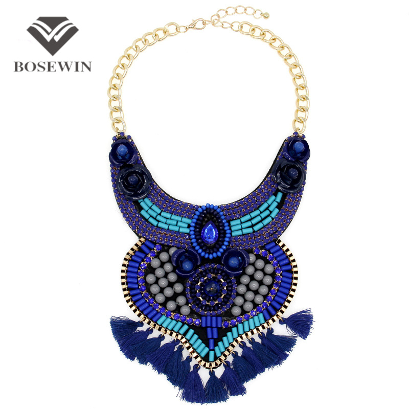 Bohemia Statement Necklace For Women 2016 Big Fashion Rhinestone Bead Yarn Tassels Choker Collar Handmade Necklaces & Pendants