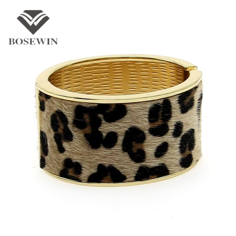 Fashion Leopard Horsehair Spring Opened Oval Wide Cuff  Bangles Bracelet Women Statement Jewelry Nickle free BL197