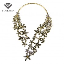 2015 Vintage Jewelry Alloy Inlay Imitation Gems Torques Choker Luxury Flower Long Crystal Collar Women Statement Necklaces