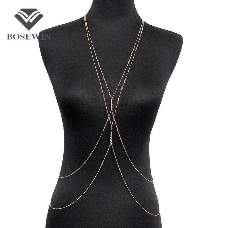 Fashion PC Gold Chain Body Jewelry Women Simple Necklace Double Rhinestones Inlay Body Chains Necklaces Sexy Accessories CE3948