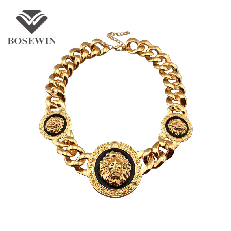 Fashion 3 Metal Lion Head Chunky Acrylic Chain Necklace Statement Jewelry Bib Collar Chokers Necklaces Bijoux CE1334