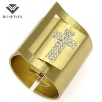 Gothic Punk Gold Plated Metal Rhinestones Cross Bracelet Wide Wrap Cuff Bangles & Bracelets For Women Statement Jewelry BL036