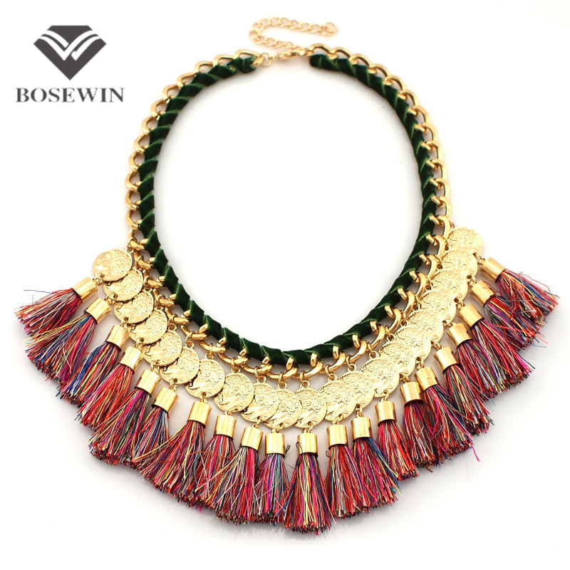4 Color Women Chokers Chunky Gold Plated Chain Necklaces Yarn Coin Tassels Pendant Statement Necklaces Fashion Accessories