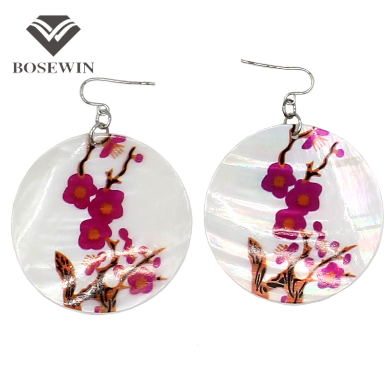 Fashion Chinoiserie Plum blossom Circular Shell Drop Earrings Big Eardrop Women pendientes Jewelry Wholesale price Gift FE095