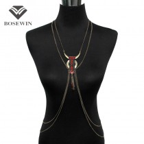 Aboriginal Alloy OX HEAD Type Pendants Women Beachy Sexy Body Jewelry Beaded Tassel Body Chains Necklaces Vintage Accessories