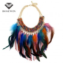 Women Maxi Statement Pendants Necklaces Indian Jewelry Feather Chain Tassel Crystal Bib Collar Big Necklaces Collier Femmer