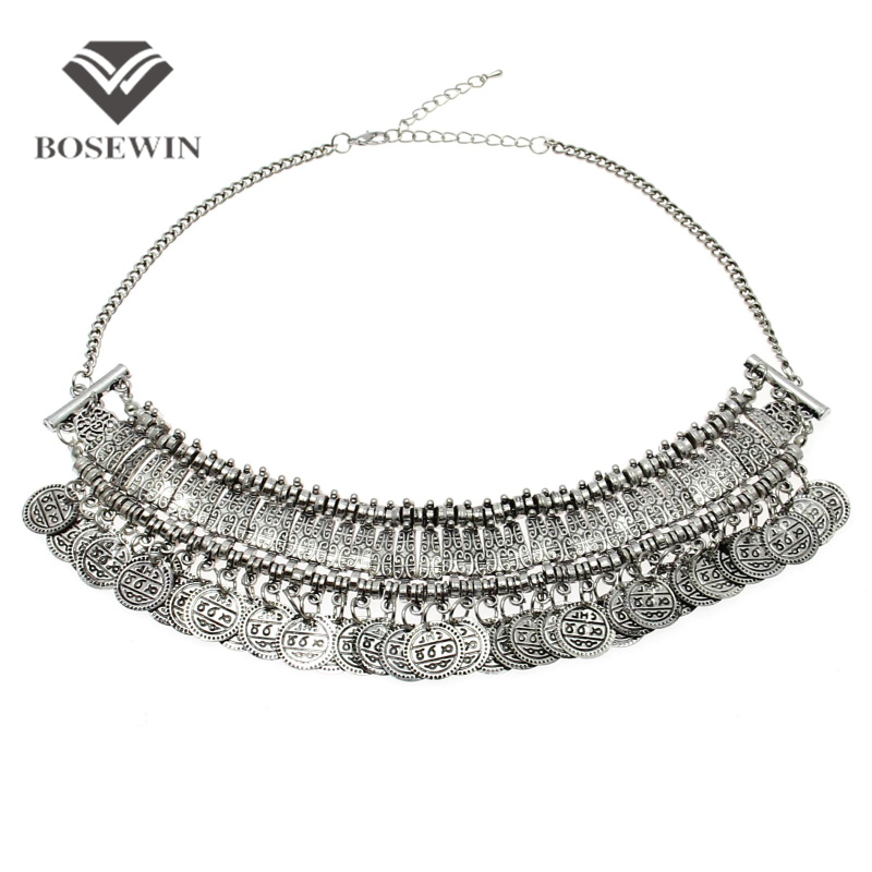 Gypsy Beachy Chic Statement Necklace Women Fashion Bib Coins Tassels Vintage Chokers Ethnic Maxi Necklaces & Pendants CE2386