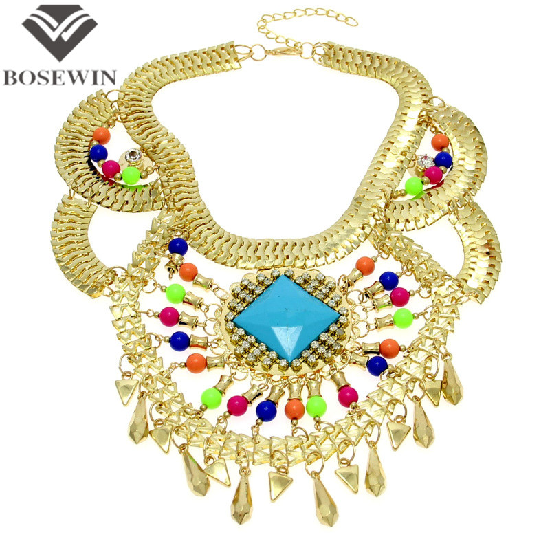 Fashion Boho Style Gold Chunky Chains Cross Rhinestones Colorized Resins Beads Statement Necklaces For Women 2015  CE1217