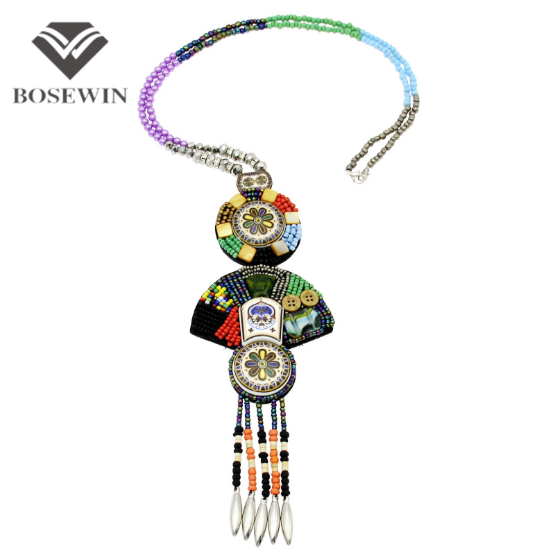 Chinoiserie Paint Ceramic Necklaces and Colorful Bead Long Necklace Geometric Statement Necklaces & Pendants Bohemia Jewelry