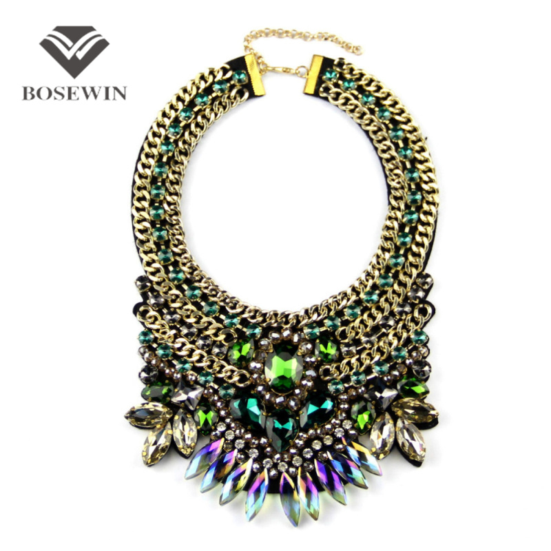 Women Party Exaggerate Accessories Fashion Luxury Choker Multicolor Crystal Gold Chain Collar Statement Necklaces Maxi Jewelry