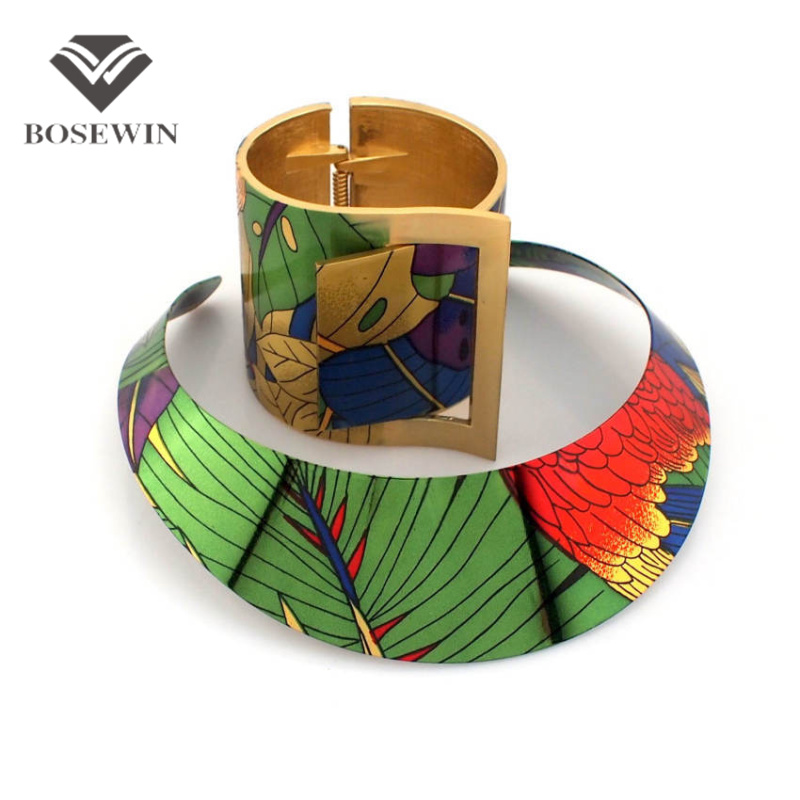 Trendy Country Style Multicolor Painting Torques Spring Cuff Bracelet Bangles Necklace Sets Women Party Indian Statement Jewelry